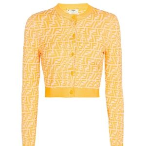 Authentic Fendi Yellow Vertigo FF Logo Crop Button Down Cardigan IT 36 US 2 XS